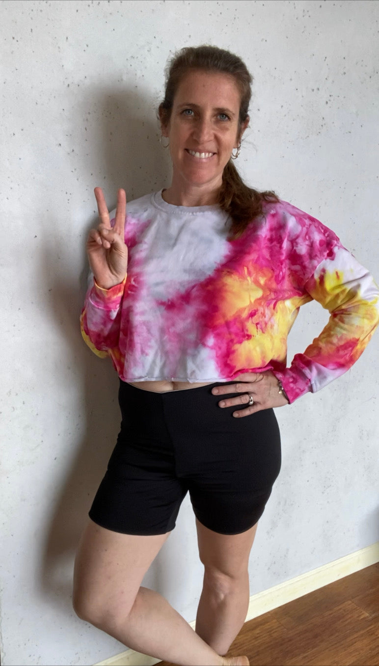 Fuschia Grey and Yellow Tie Dyed Crop Top